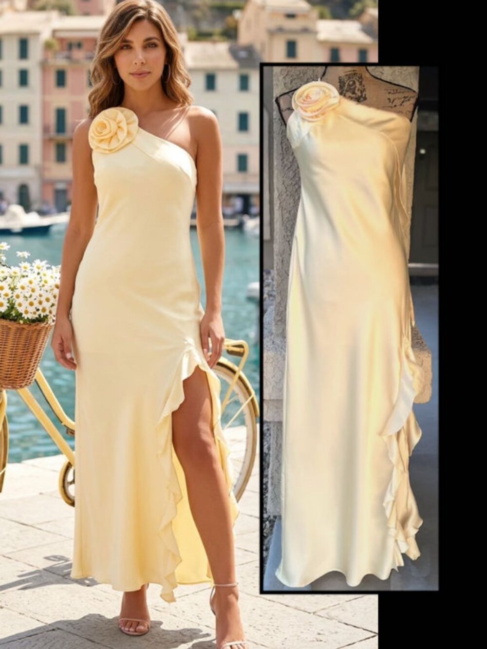 Petal & Pup Butter Yellow Aila with Rosette on One Shoulder Dress Size L